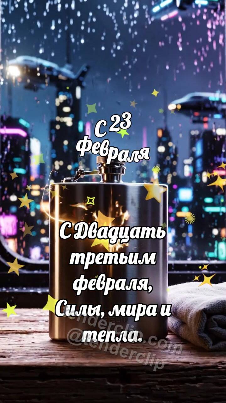 Анимационная открытка на тему С 23 февраля: Фляга ловит искру