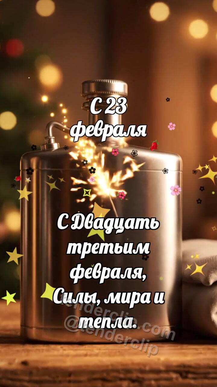 Анимационная открытка на тему С 23 февраля: Фляга ловит искру