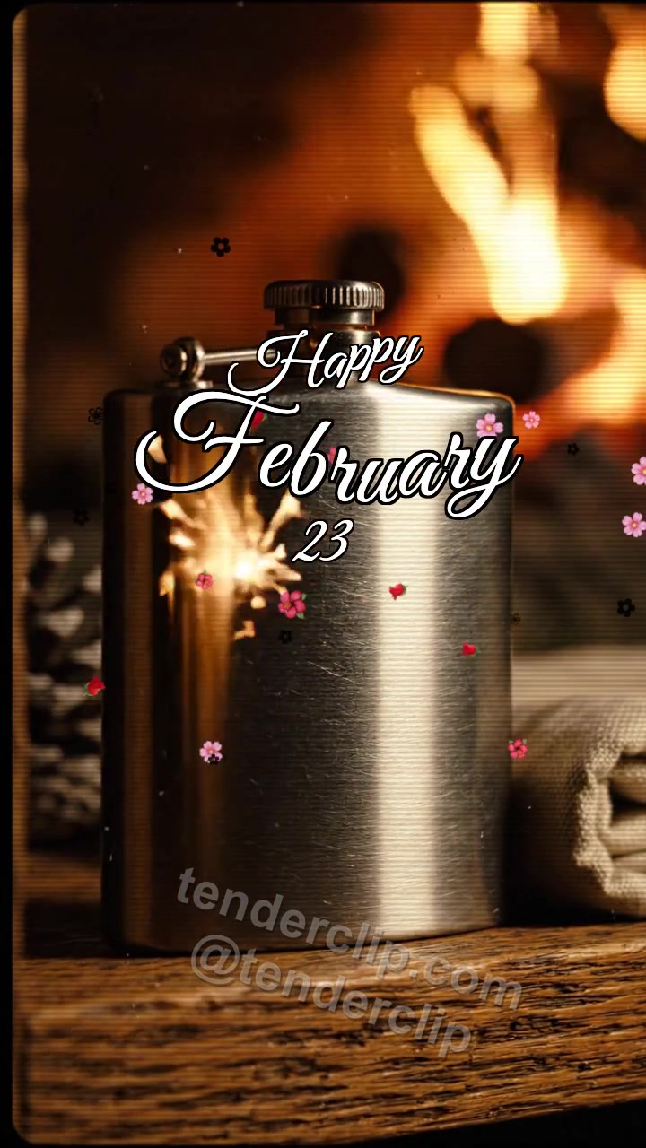 Animated greeting card about Happy February 23: Flask Catches Spark