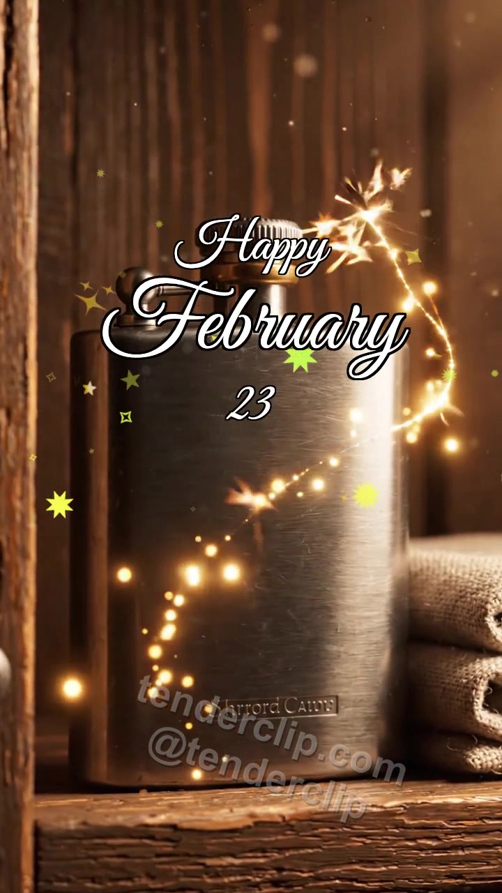Animated greeting card about Happy February 23: Flask Catches Spark
