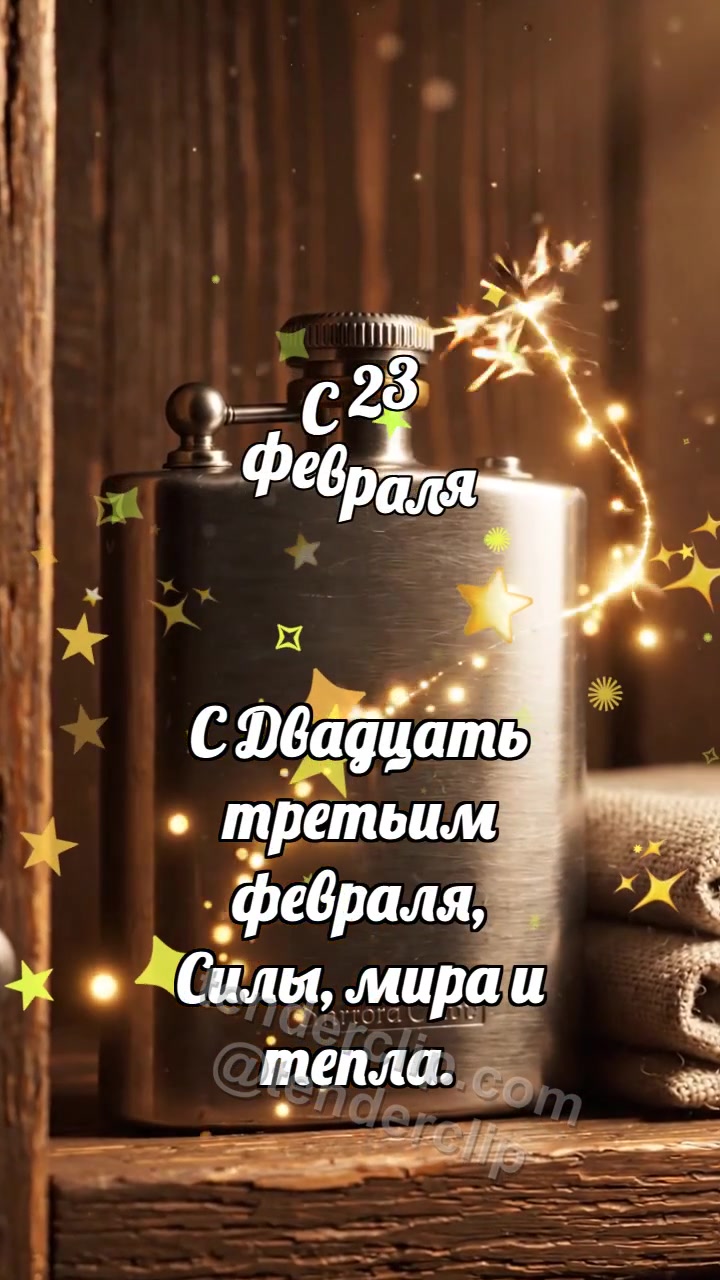 Анимационная открытка на тему С 23 февраля: Фляга ловит искру