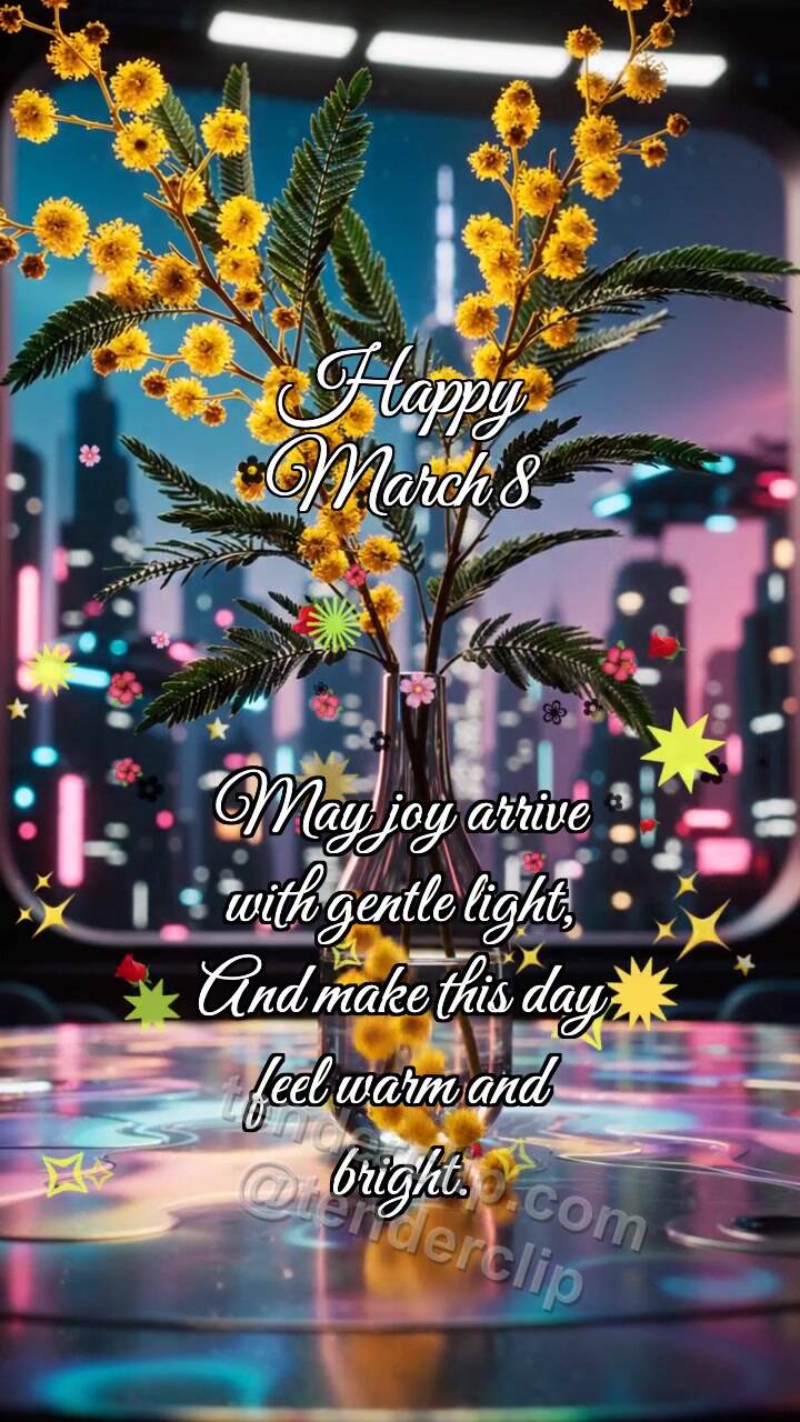 Animated greeting card about Happy March 8: Mimosa Drops Sunshine