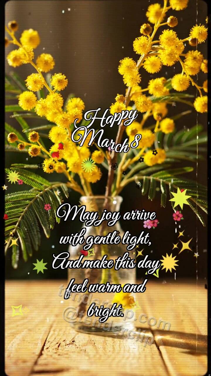 Animated greeting card about Happy March 8: Mimosa Drops Sunshine
