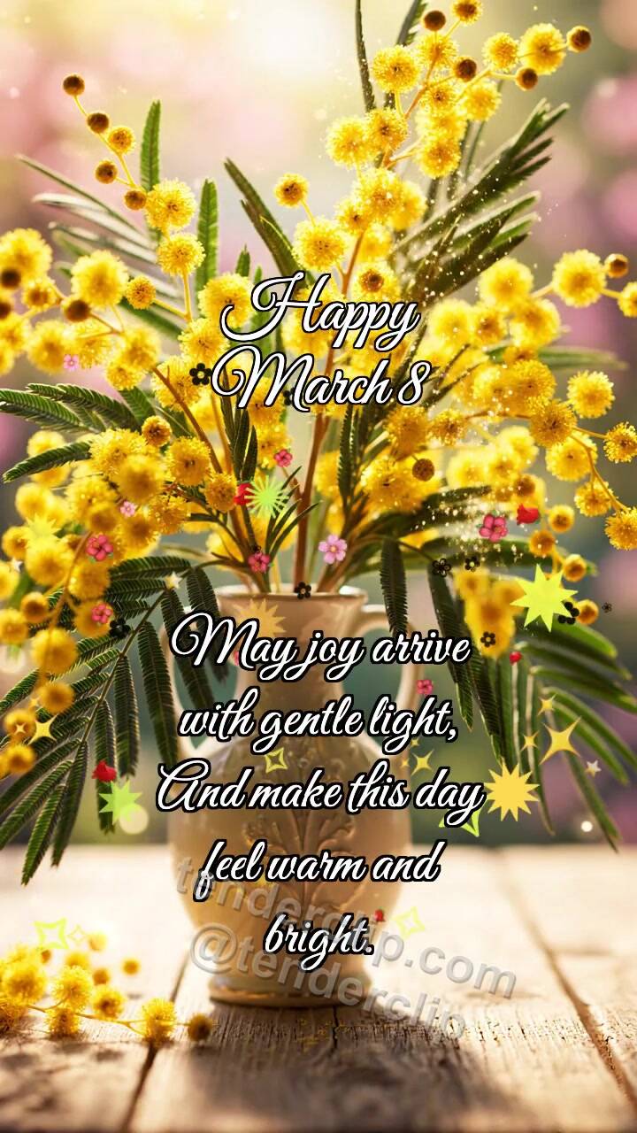 Animated greeting card about Happy March 8: Mimosa Drops Sunshine