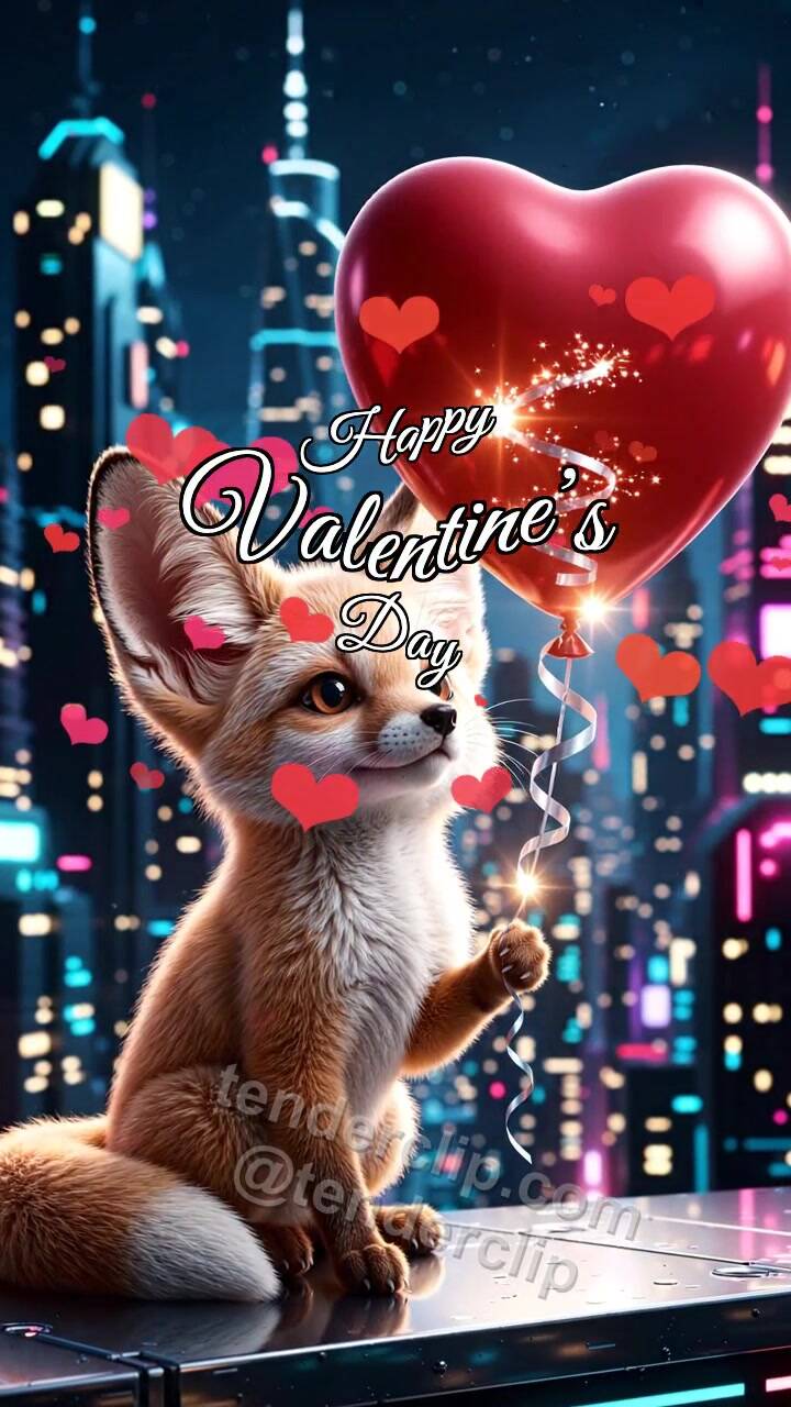 Animated greeting card about Happy Valentine’s Day: Fox Cub With Heart Balloon