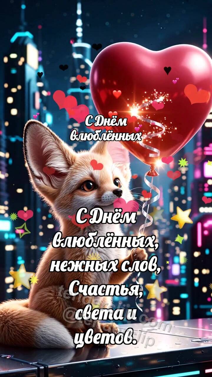 Анимационная открытка на тему С Днём влюблённых: Лисёнок с сердечным шариком