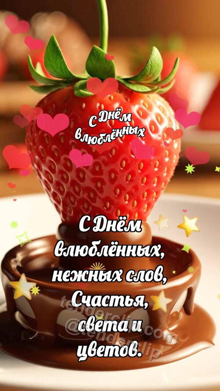 Анимационная открытка на тему С Днём влюблённых: Клубника делит шоколад