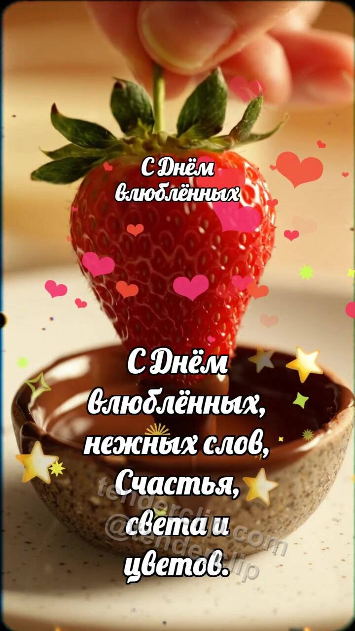 Анимационная открытка на тему С Днём влюблённых: Клубника делит шоколад