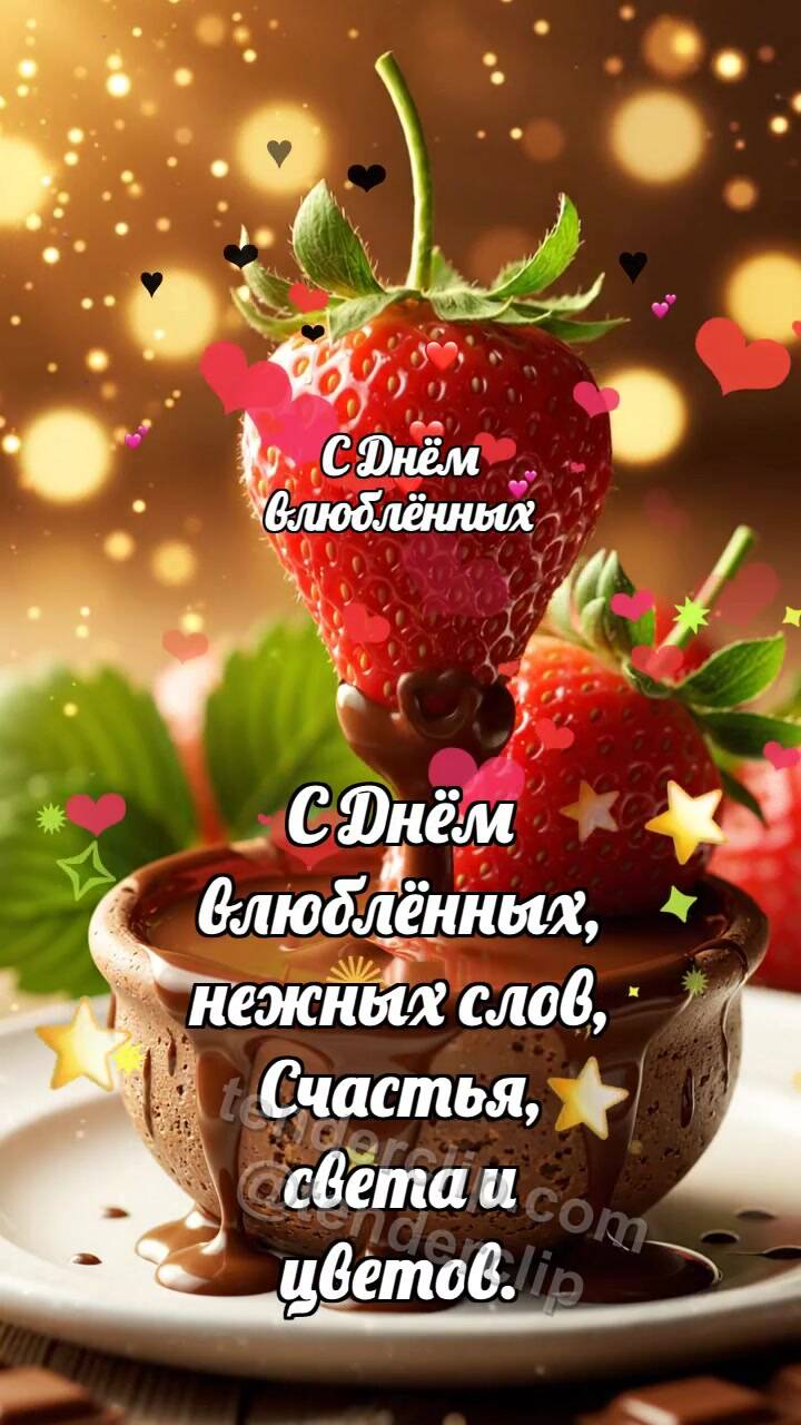 Анимационная открытка на тему С Днём влюблённых: Клубника делит шоколад