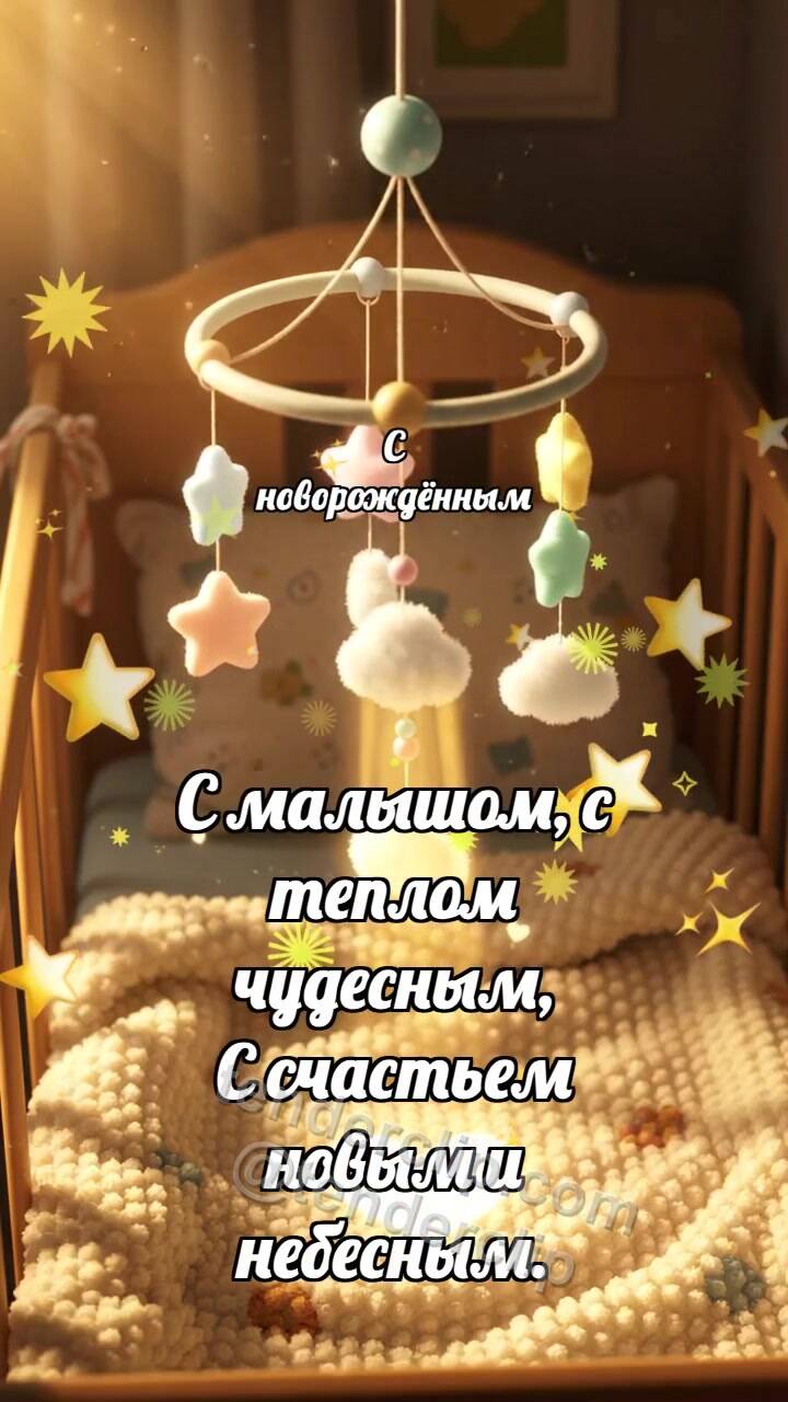 Анимационная открытка на тему С новорождённым: Мобиль ловит облачко