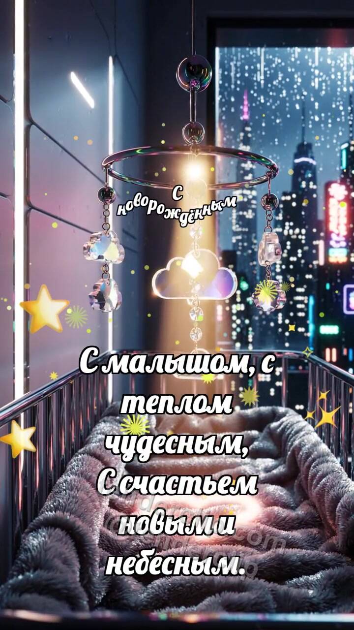 Анимационная открытка на тему С новорождённым: Мобиль ловит облачко