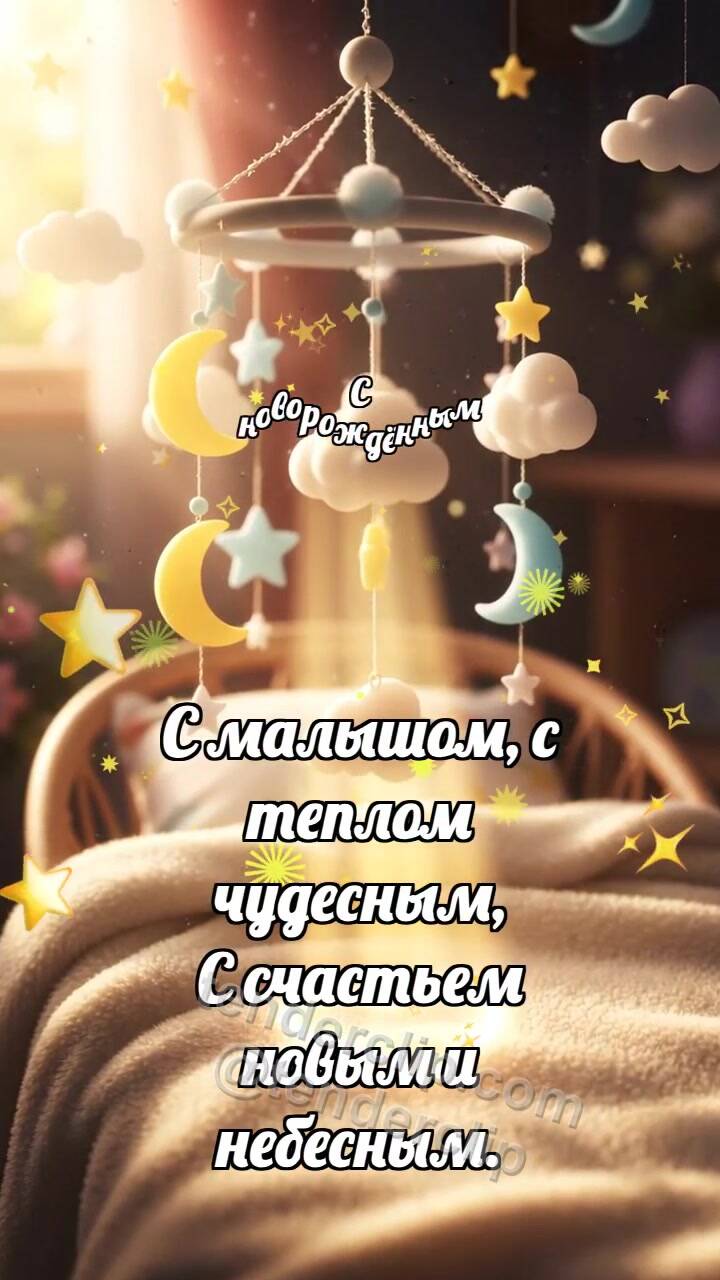 Анимационная открытка на тему С новорождённым: Мобиль ловит облачко