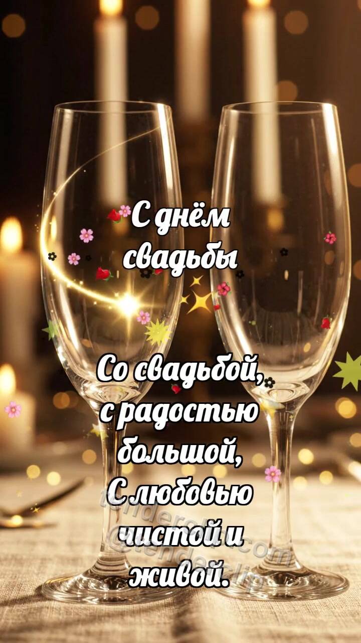 Анимационная открытка на тему С днём свадьбы: Бокалы встречают блик