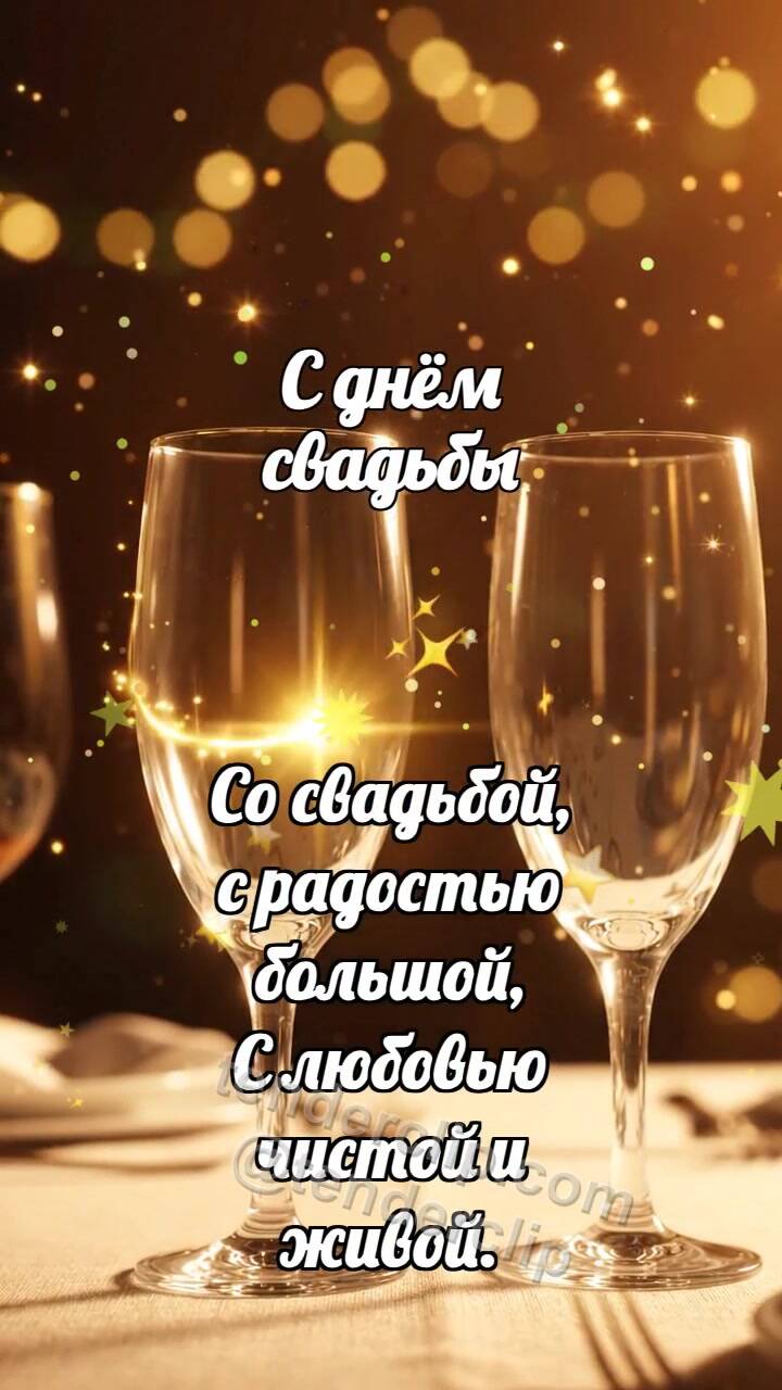 Анимационная открытка на тему С днём свадьбы: Бокалы встречают блик