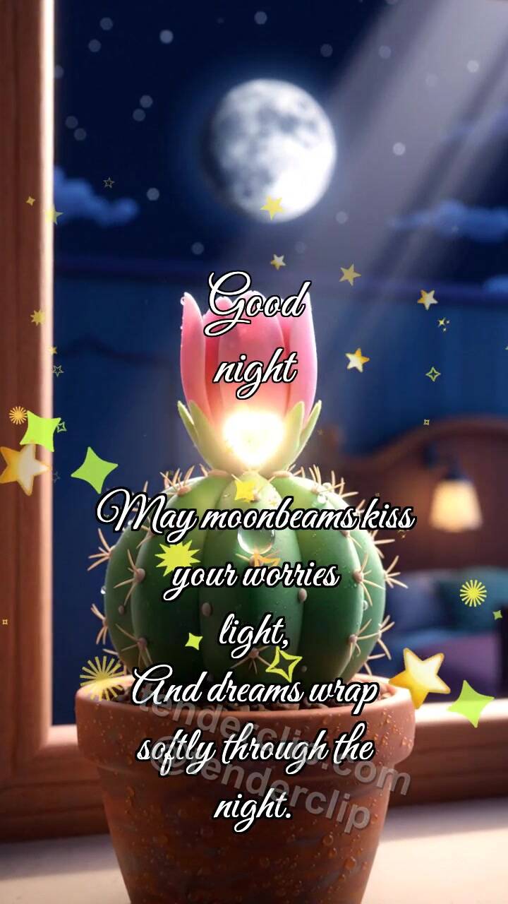 Animated greeting card about Good night: Cactus Catches Moon