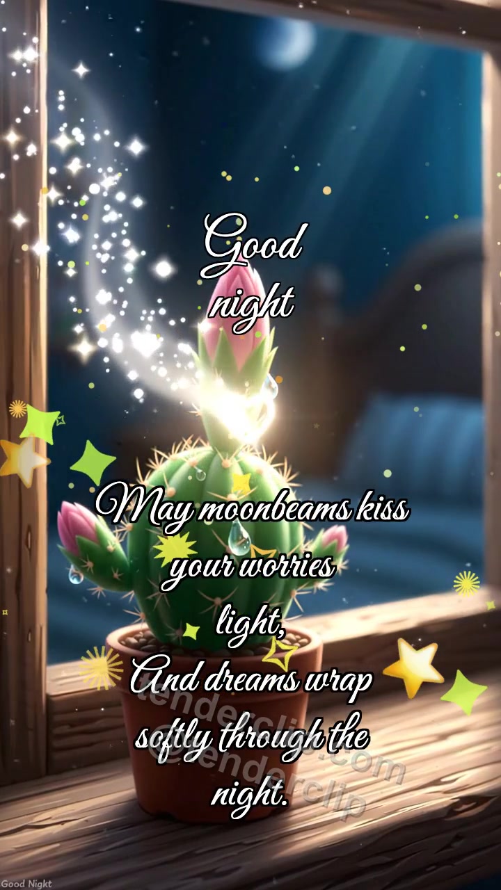 Animated greeting card about Good night: Cactus Catches Moon