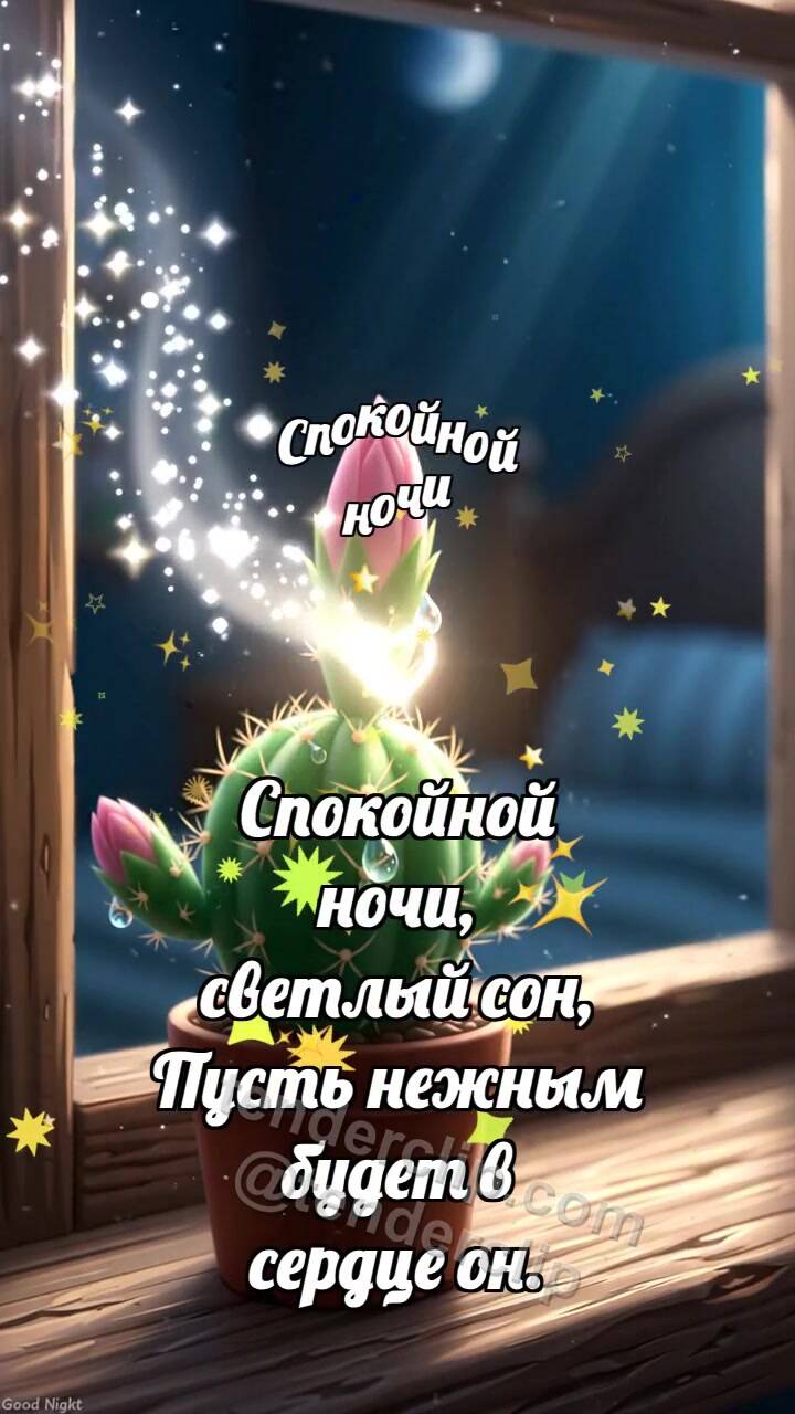 Анимационная открытка на тему Спокойной ночи: Кактус ловит луну