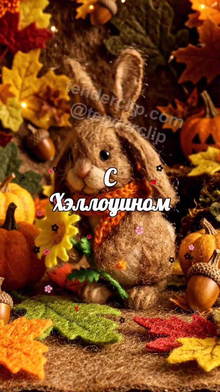 Анимационная открытка на тему С Хэллоуином: зайчик протягивает цветок