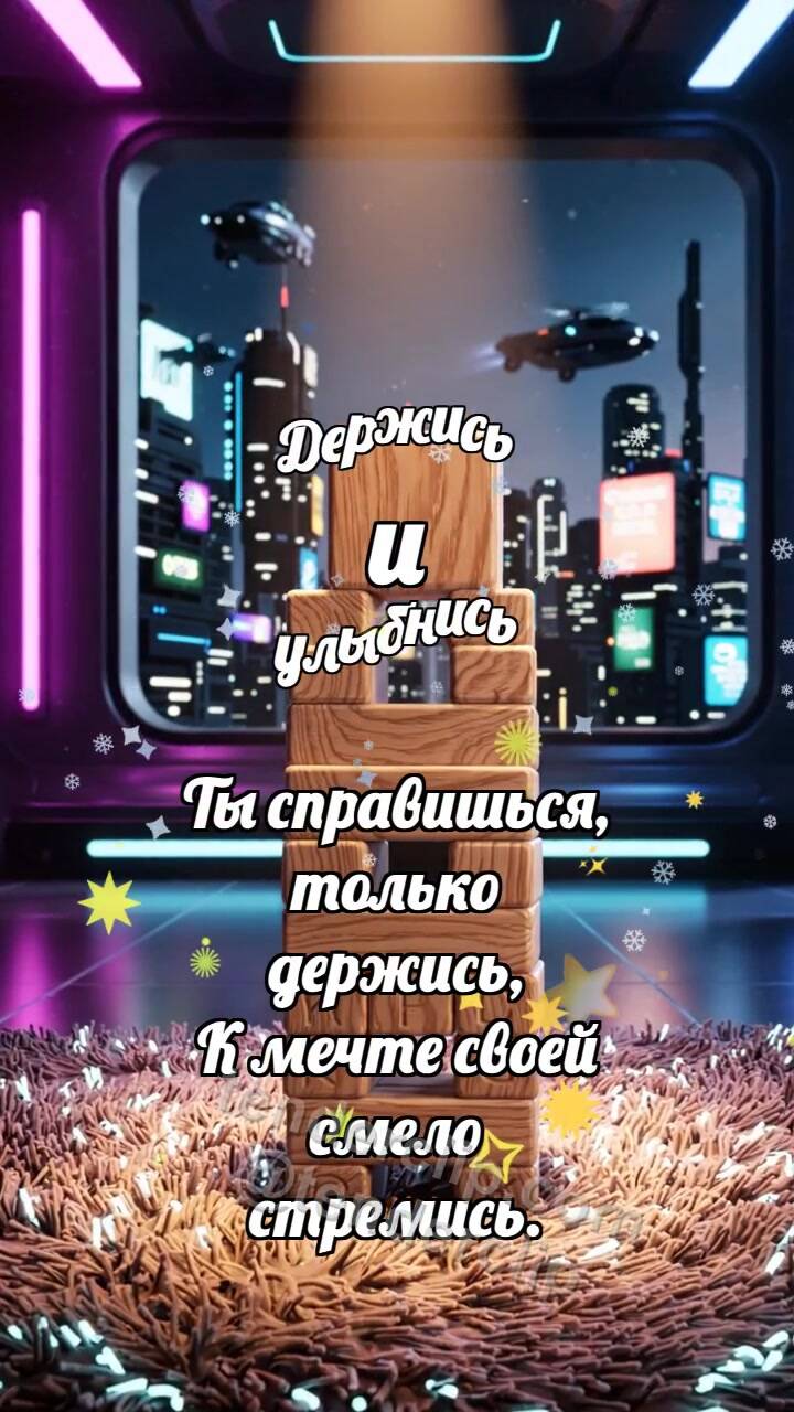 Анимационная открытка на тему Держись и улыбнись: Кубик завершает башню