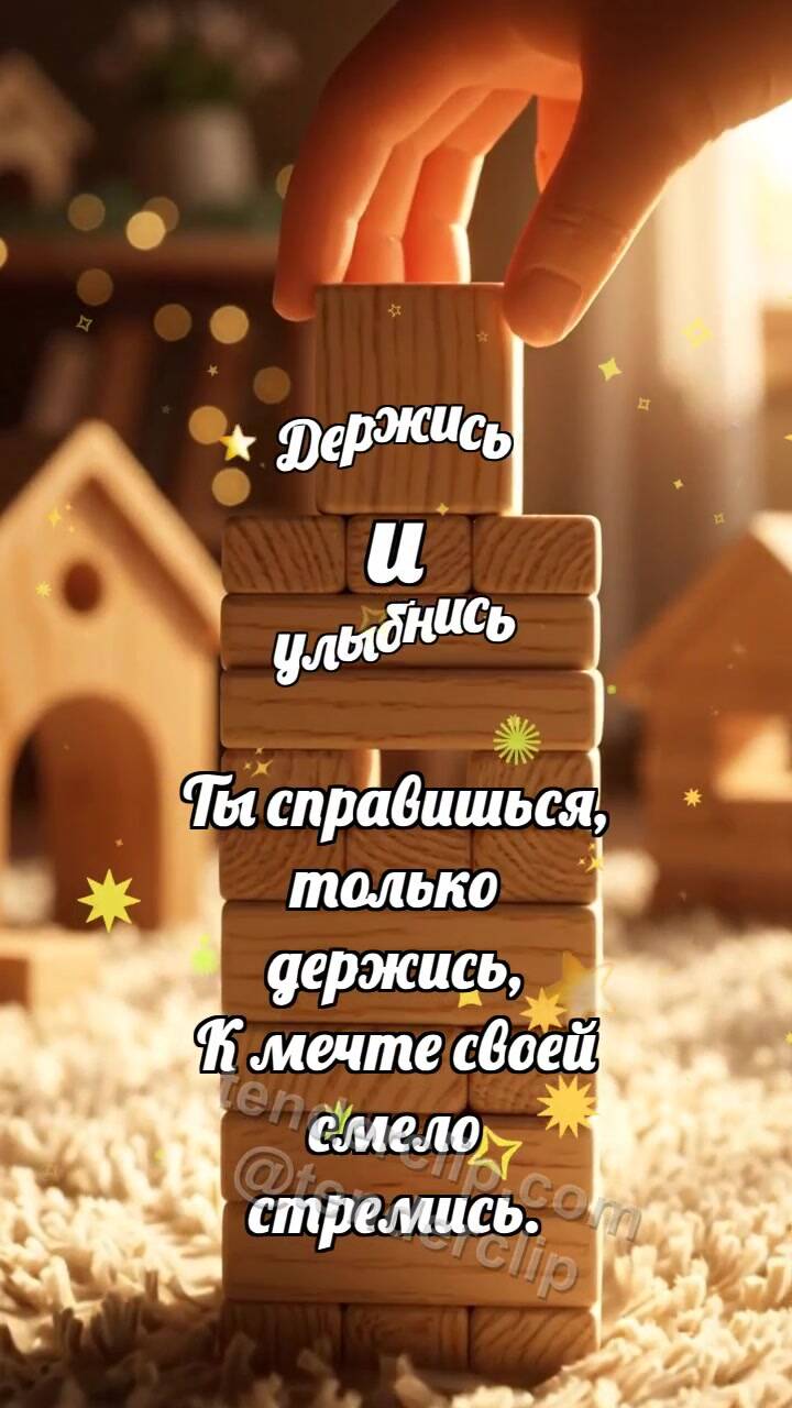 Анимационная открытка на тему Держись и улыбнись: Кубик завершает башню