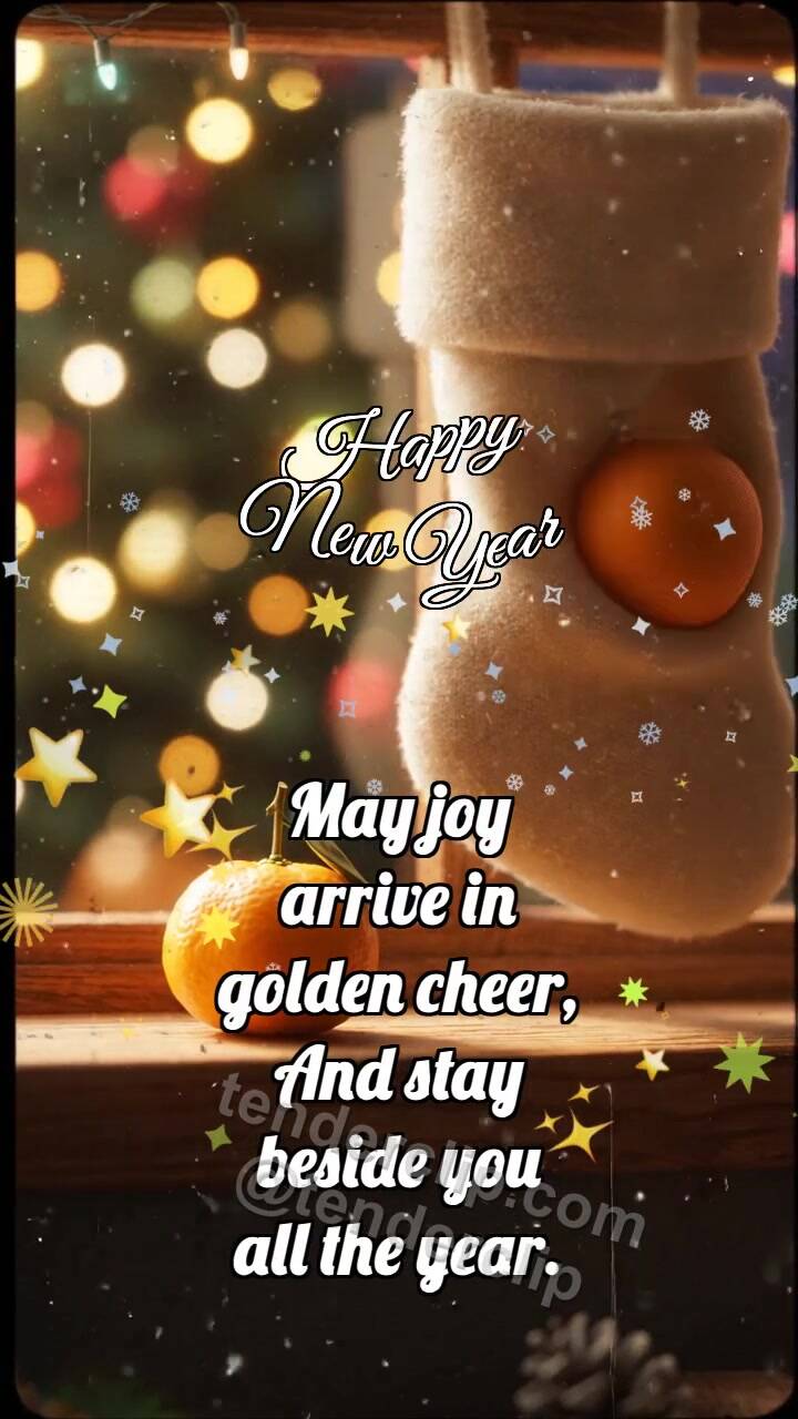 Animated greeting card about Happy New Year: Stocking Catches Tangerine