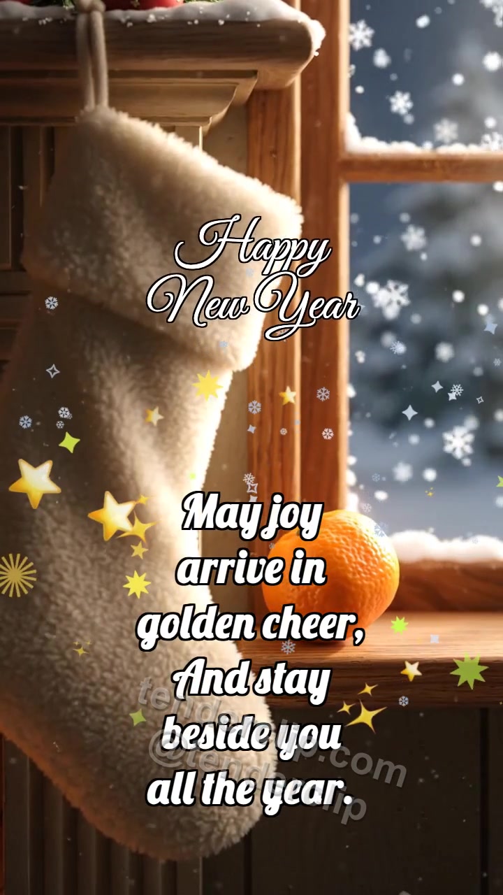 Animated greeting card about Happy New Year: Stocking Catches Tangerine