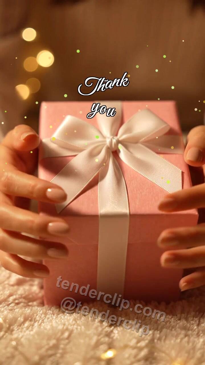 Animated greeting card about Thank you: gift box is hugged gently