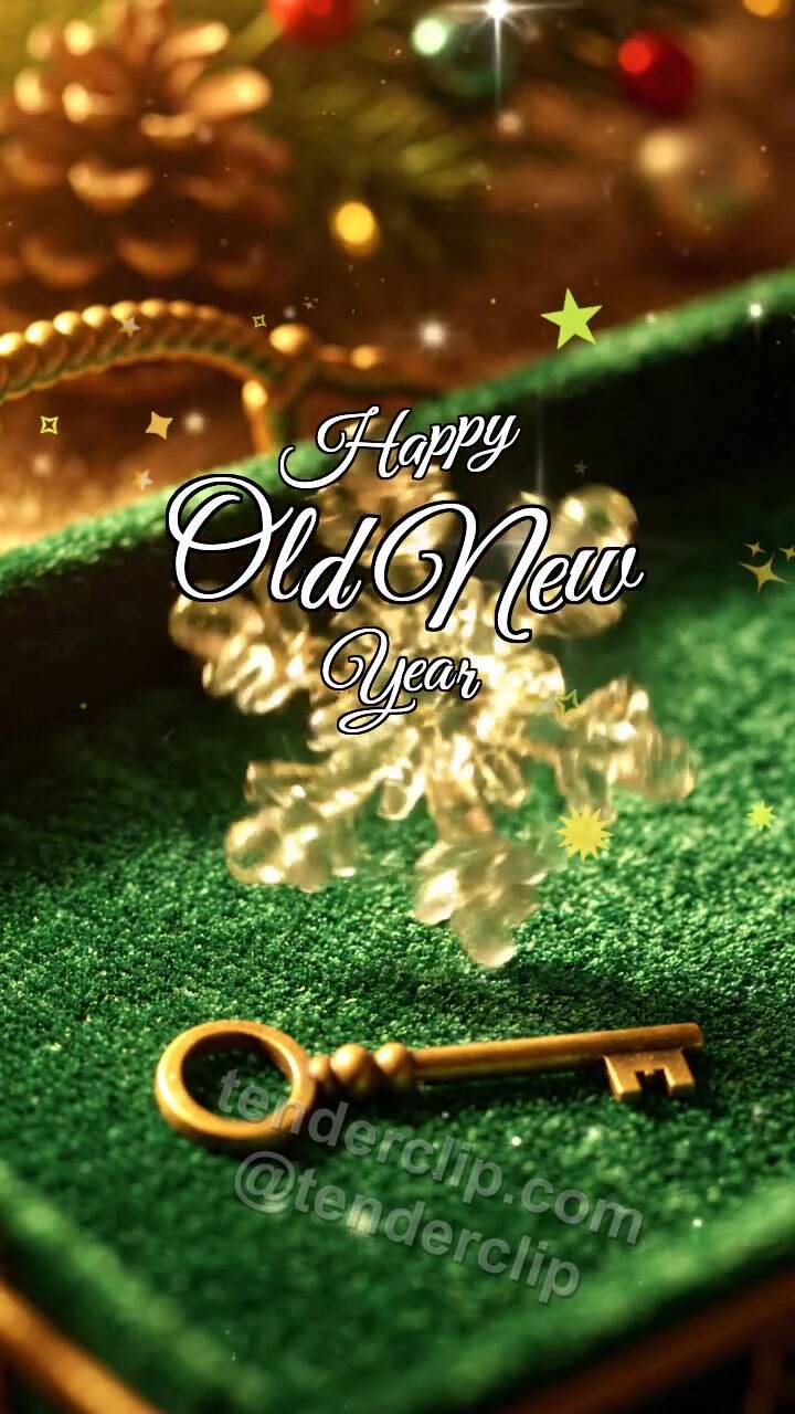 Animated greeting card about Happy Old New Year: Vintage Key Winds Snowflake