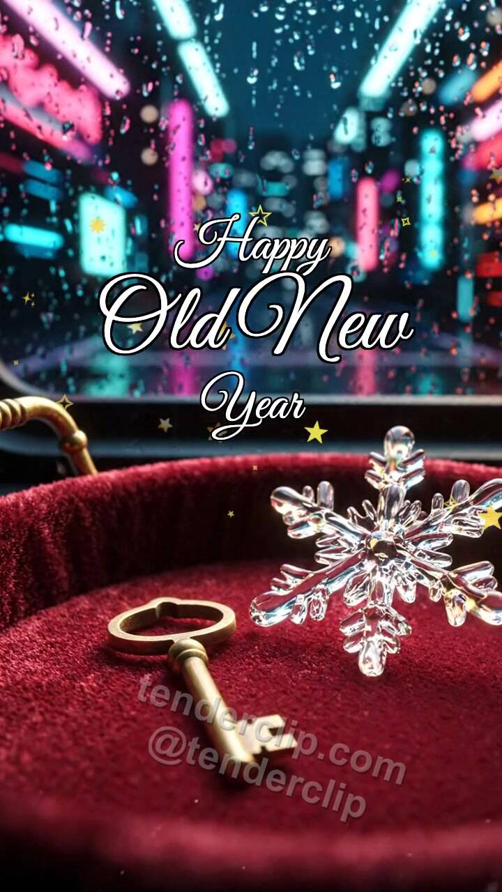 Animated greeting card about Happy Old New Year: Vintage Key Winds Snowflake