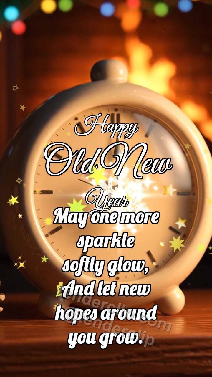 Animated greeting card about Happy Old New Year: Clock Warms Snowflake