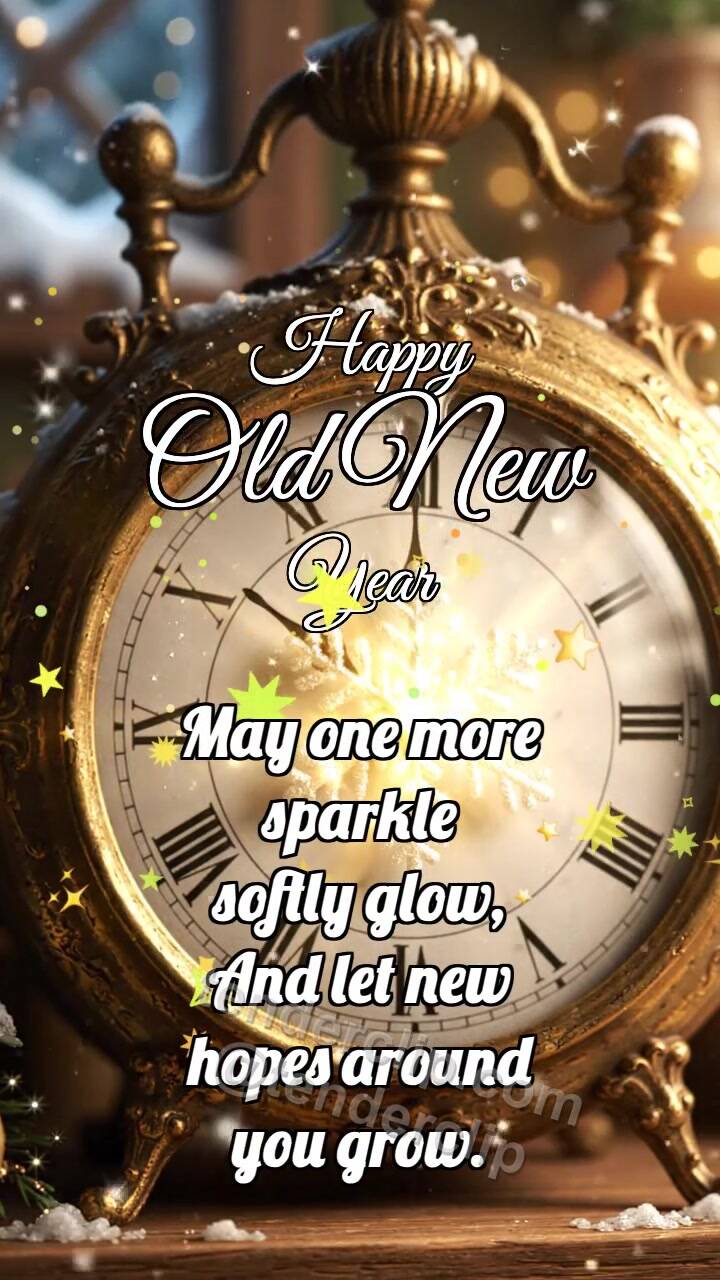 Animated greeting card about Happy Old New Year: Clock Warms Snowflake