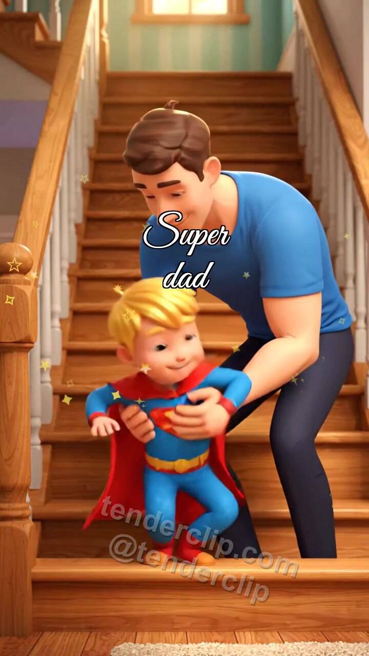 Animated greeting card about Super dad: super dad lifts over obstacle