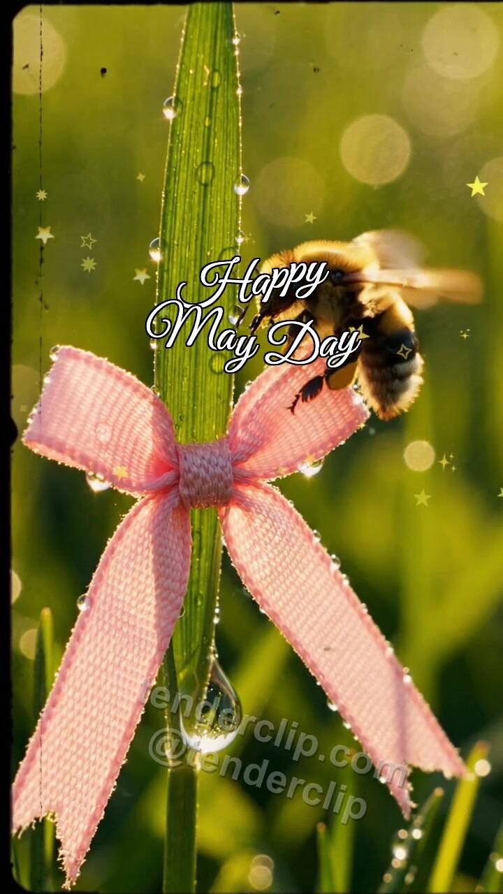 Animated greeting card about Happy May Day: Meadow Ribbon Greets Bee