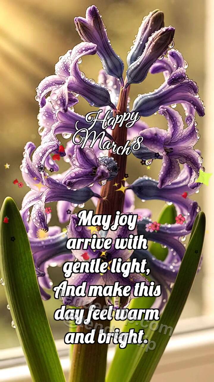 Animated greeting card about Happy March 8: Hyacinth Cluster Wakes Drop