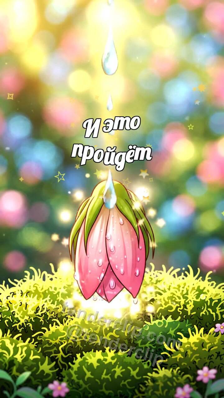 Анимационная открытка на тему И это пройдёт: слеза становится каплей для цветка