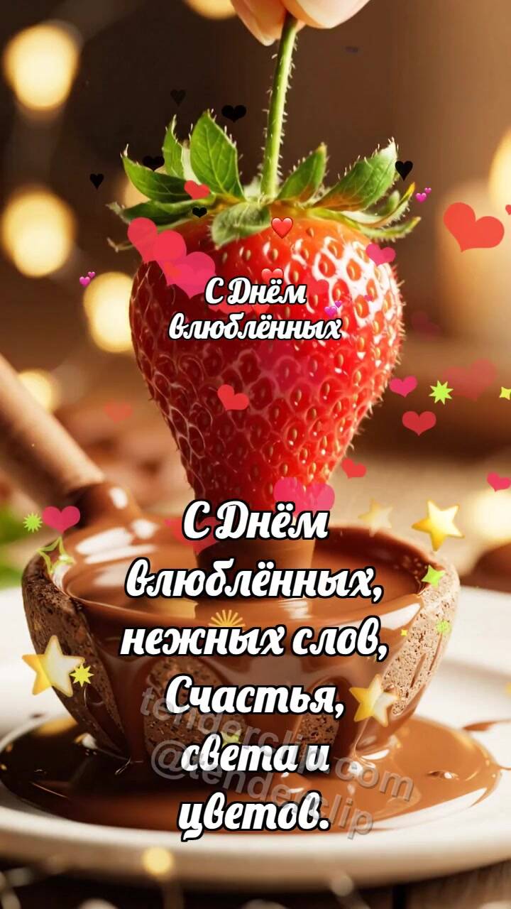 Анимационная открытка на тему С Днём влюблённых: Клубника делит шоколад