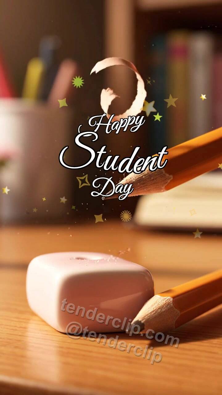 Animated greeting card about Happy Student Day: Ceramic Eraser Catches Curl