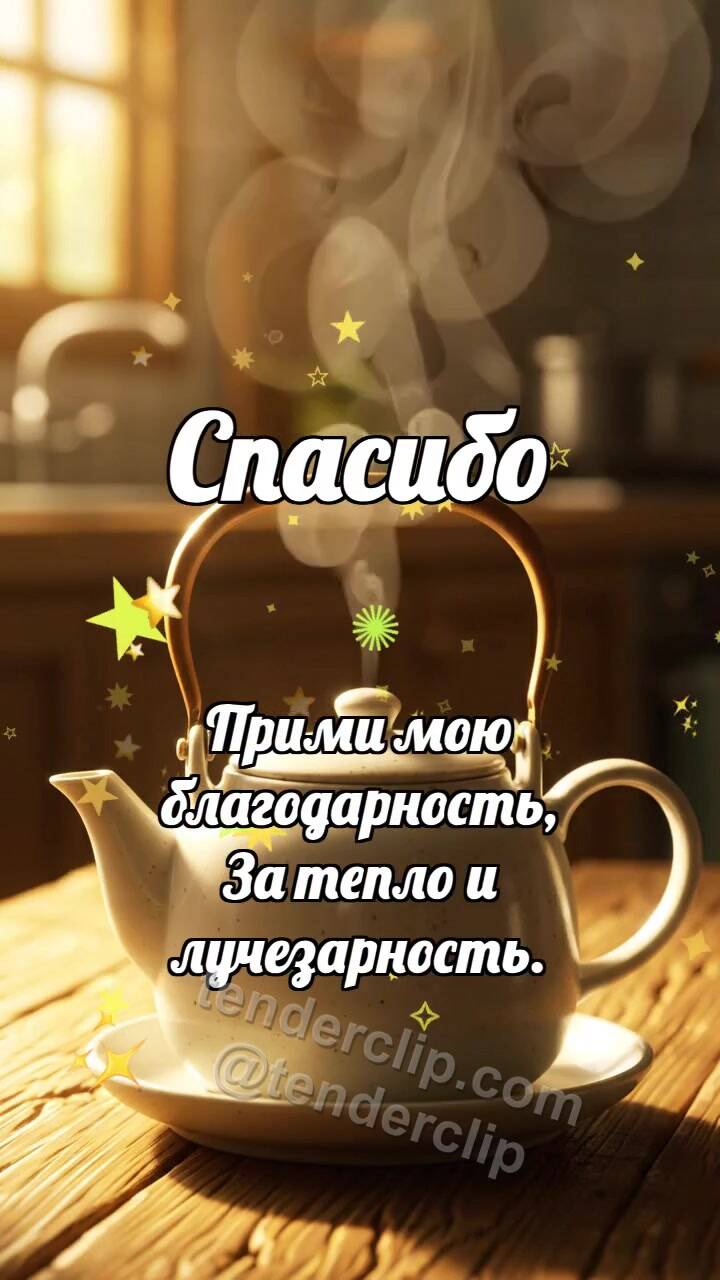 Анимационная открытка на тему Спасибо: Чайник делится паром