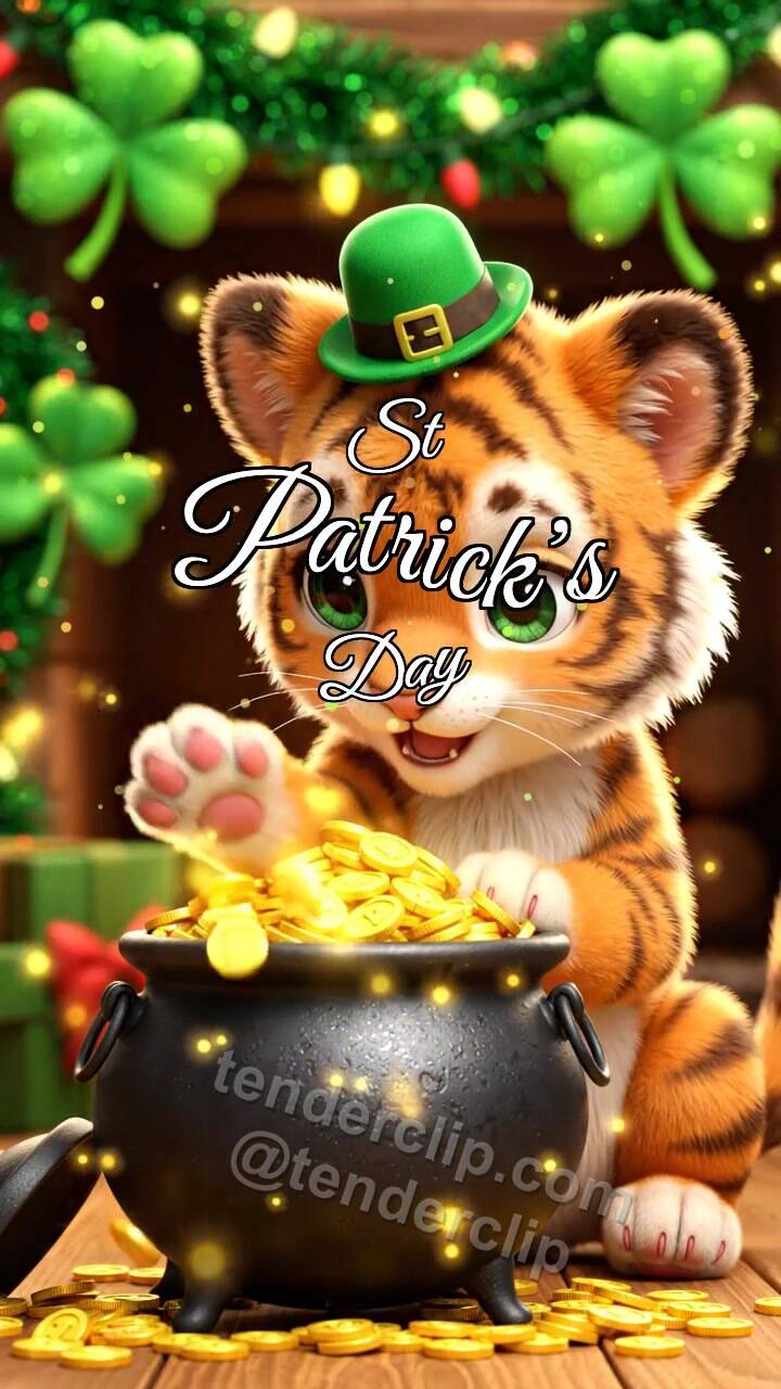 Animated greeting card about St Patrick’s Day: Tiger Cub By Lucky Pot