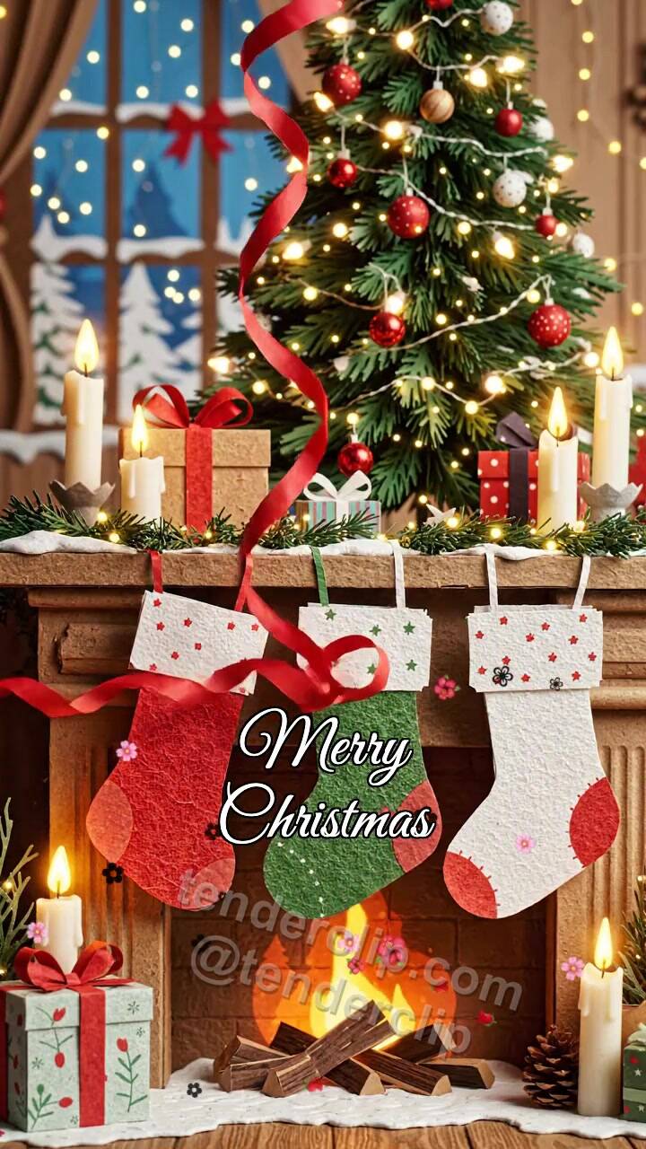 Animated greeting card about Merry Christmas: ribbon fixes the decoration