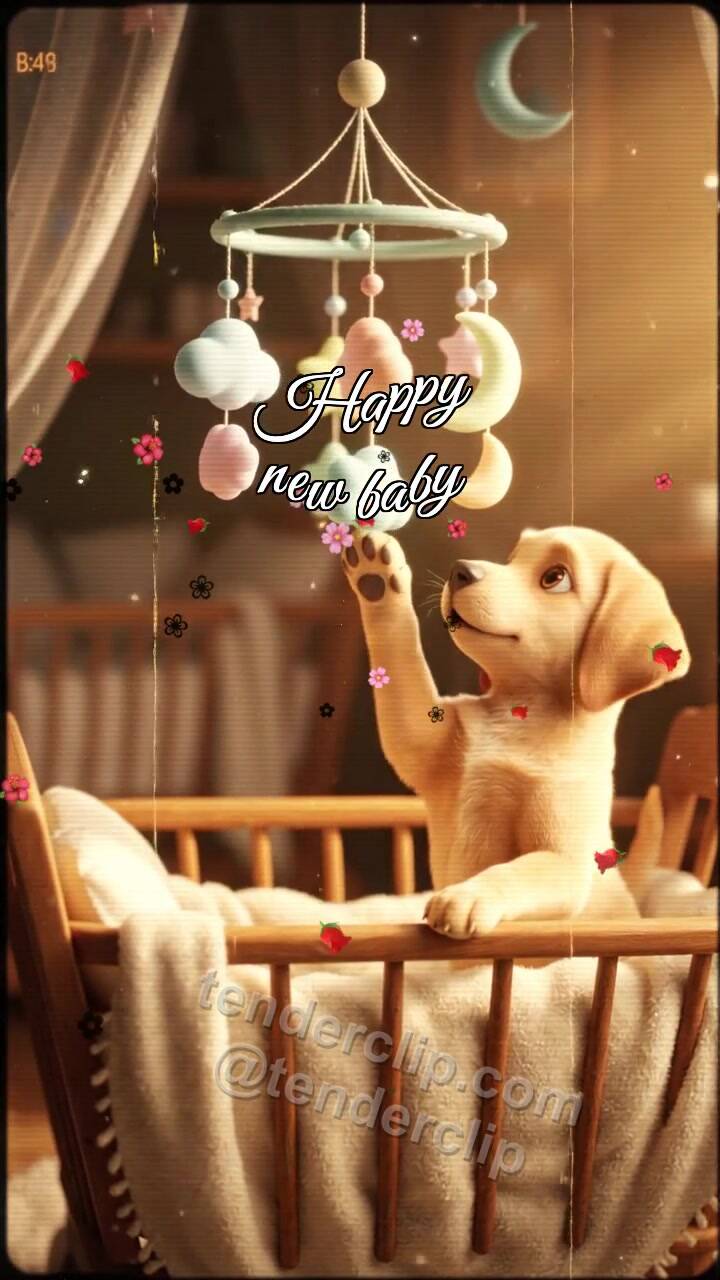 Animated greeting card about Happy new baby: Puppy Rocks Mobile