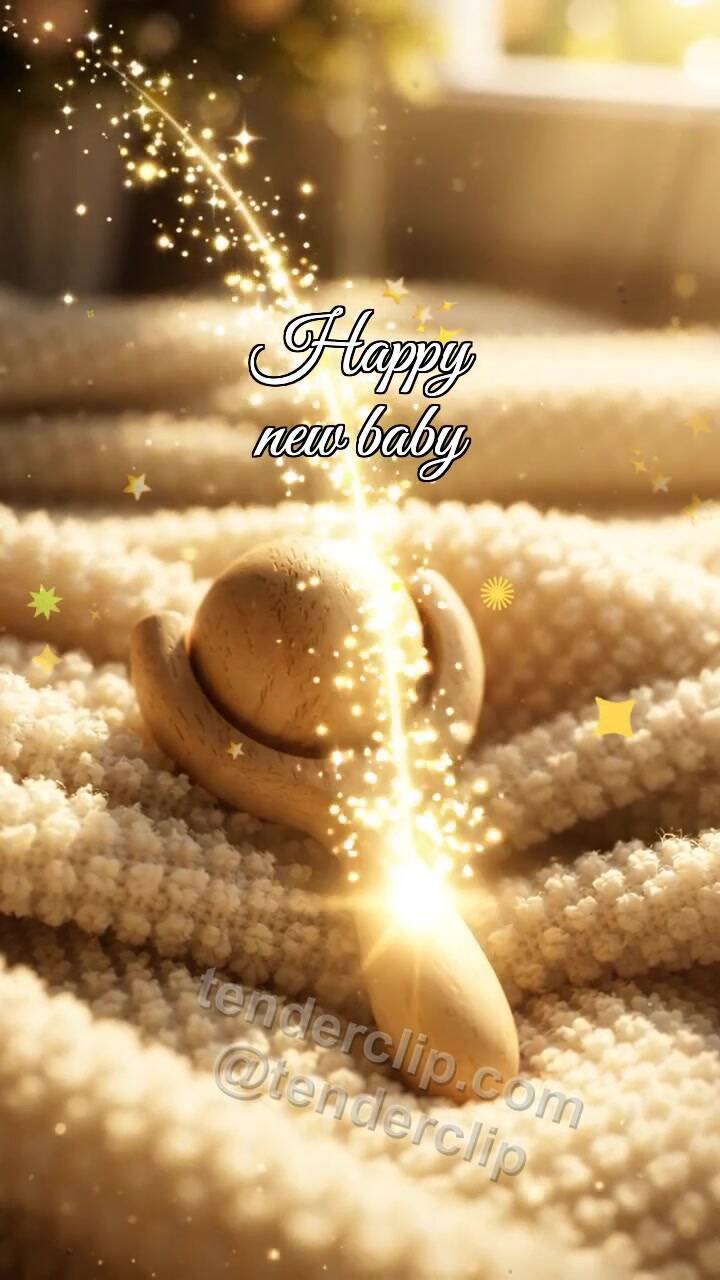 Animated greeting card about Happy new baby: Rattle Hides Sunbeam