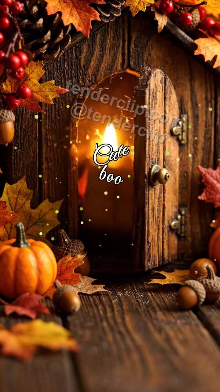 Animated greeting card about Cute boo: little door opens warm light
