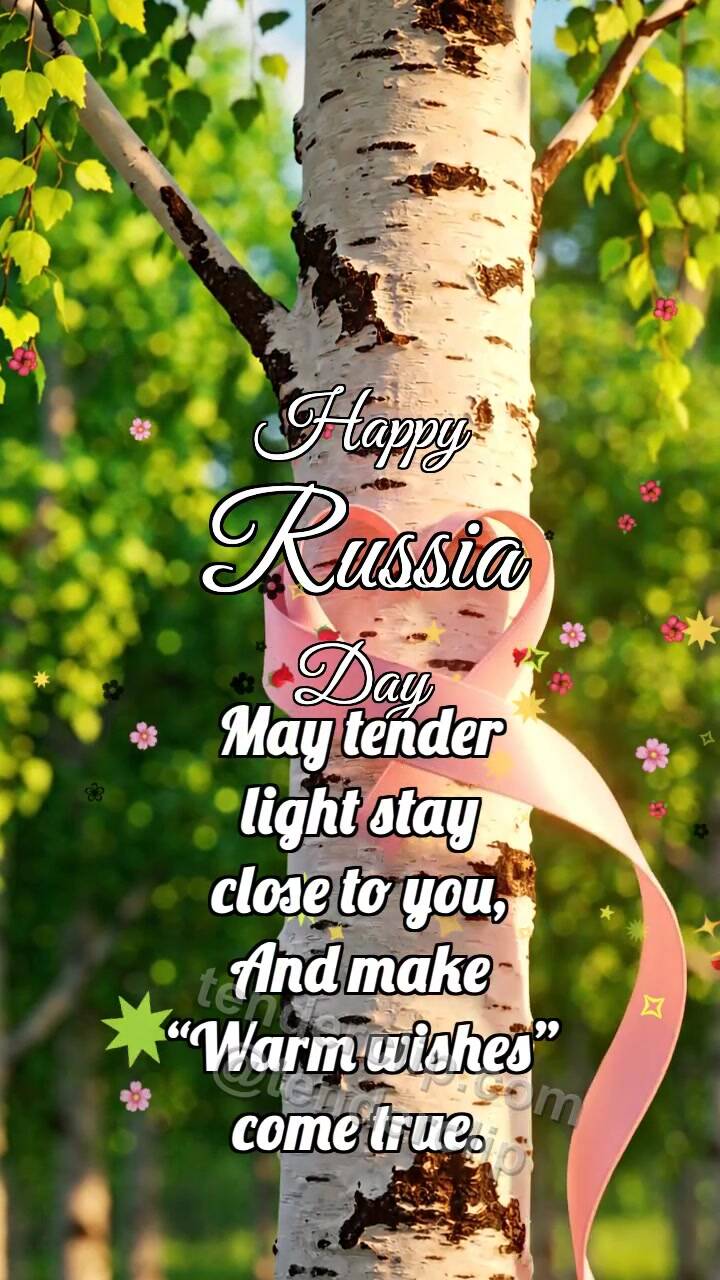 Animated greeting card about Happy Russia Day: Birch Holds Ribbon