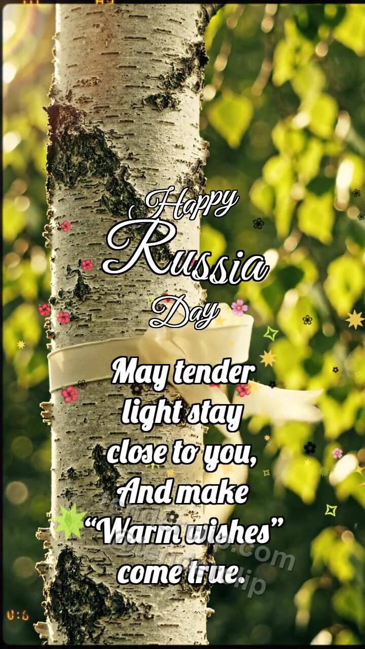 Animated greeting card about Happy Russia Day: Birch Holds Ribbon