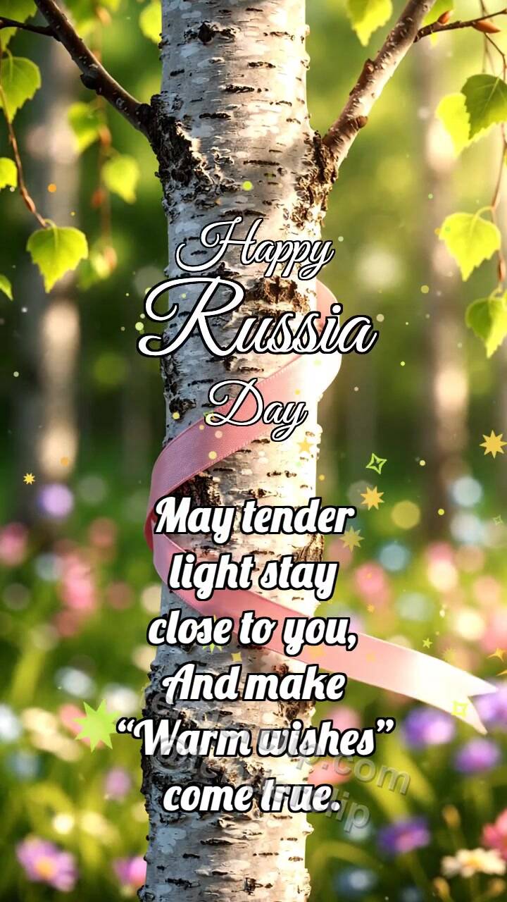 Animated greeting card about Happy Russia Day: Birch Holds Ribbon