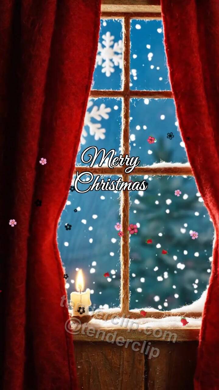 Animated greeting card about Merry Christmas: window reveals the holiday scene