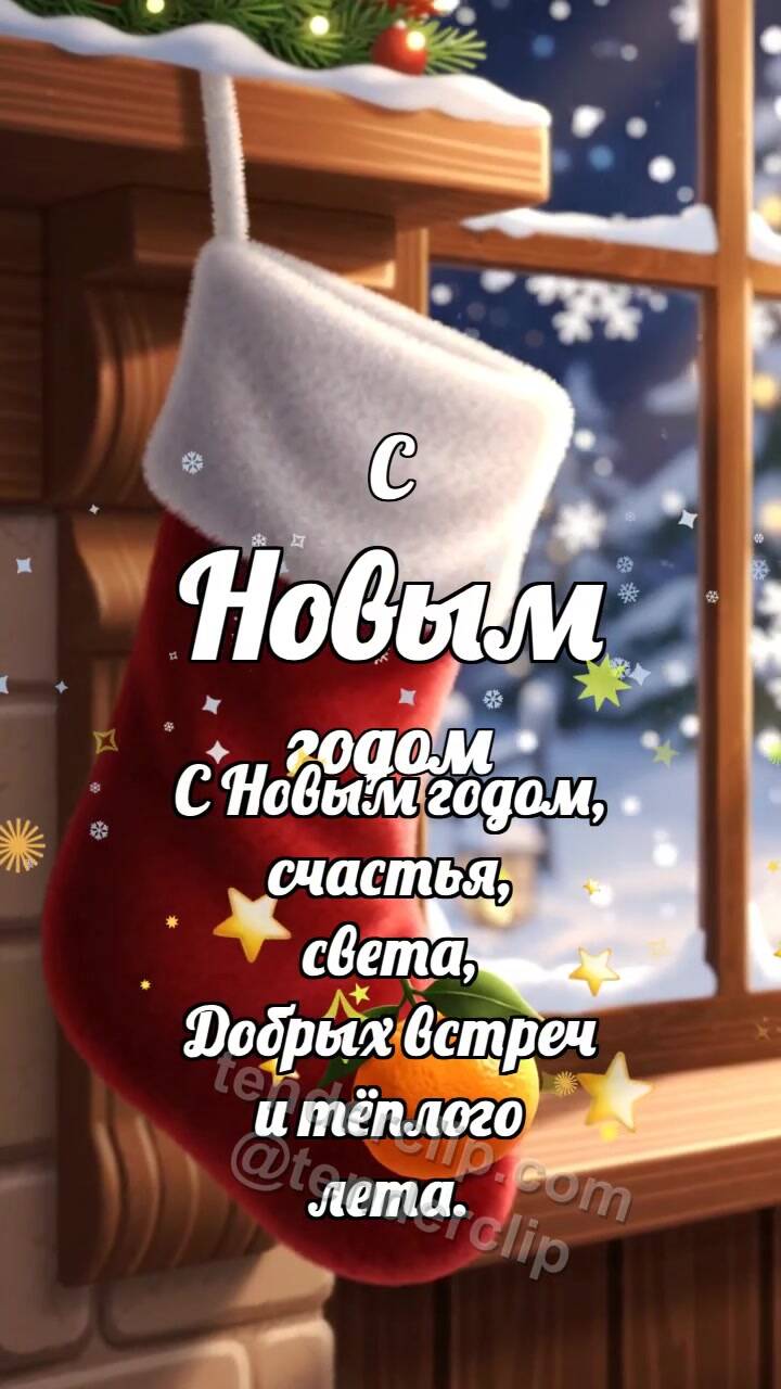 Анимационная открытка на тему С Новым годом: Сапожок ловит мандарин