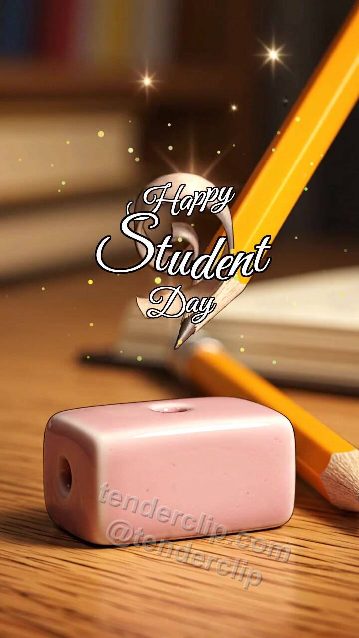 Animated greeting card about Happy Student Day: Ceramic Eraser Catches Curl