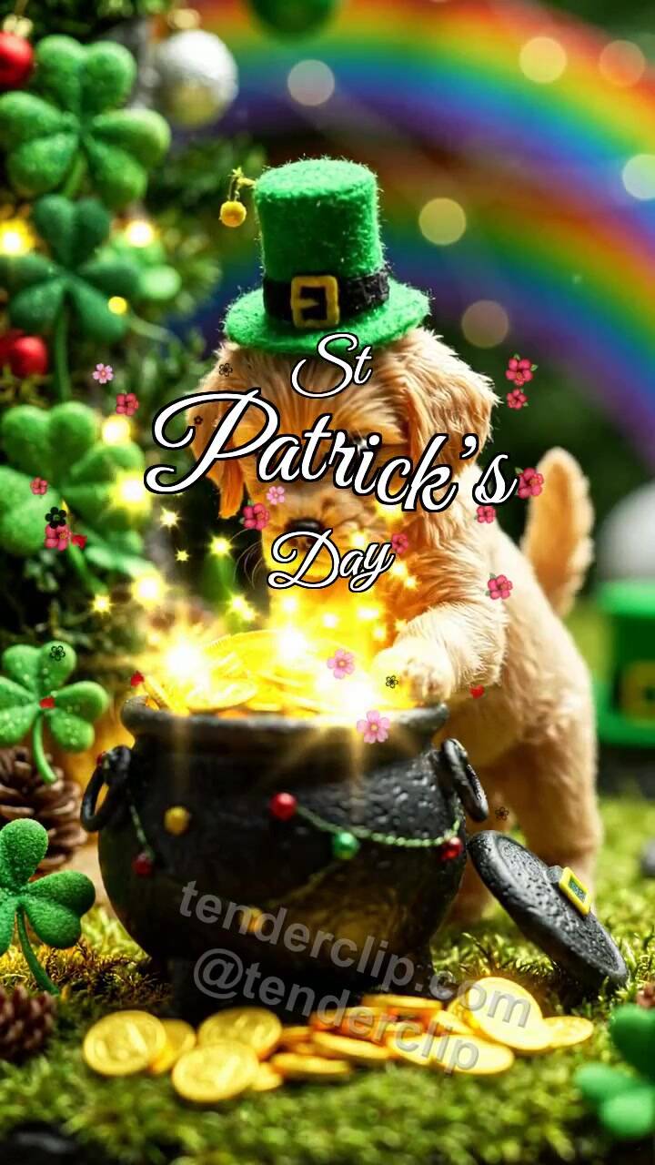 Animated greeting card about St Patrick’s Day: Puppy By Lucky Pot